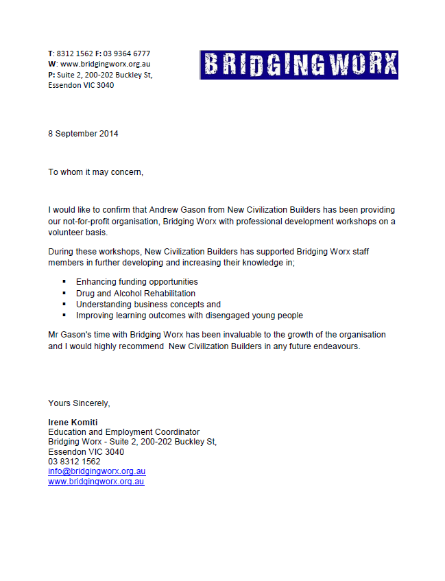 Bridging Worx Letter